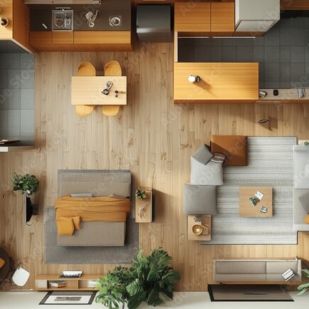 This image is an aerial view of a compact and thoughtfully designed apartment with a modern aesthetic. The layout includes a kitchen with wood cabinetry, a small dining table, a cozy living area with a sectional sofa and coffee table, and a bedroom featuring a bed with a mustard blanket. The space is accented with numerous green plants, blending nature with urban living, and includes a bathroom and outdoor balcony visible in the top right.