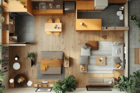 This image is an aerial view of a compact and thoughtfully designed apartment with a modern aesthetic. The layout includes a kitchen with wood cabinetry, a small dining table, a cozy living area with a sectional sofa and coffee table, and a bedroom featuring a bed with a mustard blanket. The space is accented with numerous green plants, blending nature with urban living, and includes a bathroom and outdoor balcony visible in the top right.