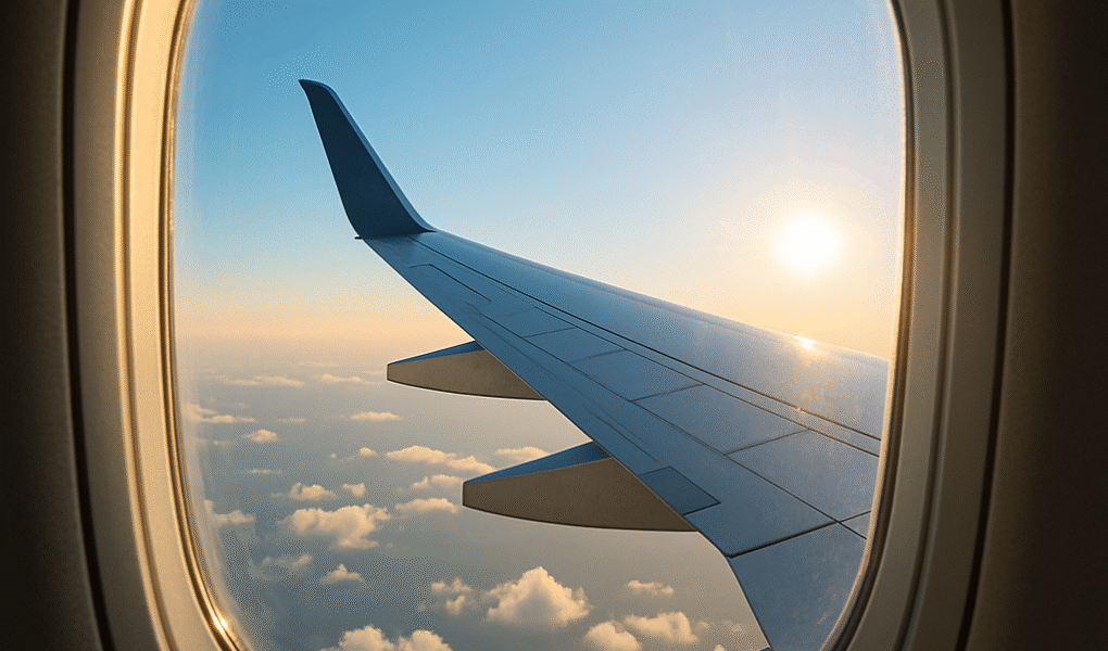 Realistic-view-from-an-airplane-window-during-early-morning-featuring-a-clear-bright-blue-sky-with-scattered-fluffy-white-clouds.-The-airplane-wing-extends-diagonally-across-the-frame-bathed-in-soft-sunlight-casting-a-warm-glow.-The-window-has-a-subtle-reflection-and-the-horizon-is-peaceful-and-clear-with-no-visible-landmarks-emphasizing-the-tranquility-of-a-calm-morning-sky