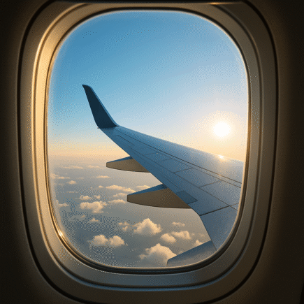 Realistic-view-from-an-airplane-window-during-early-morning-featuring-a-clear-bright-blue-sky-with-scattered-fluffy-white-clouds.-The-airplane-wing-extends-diagonally-across-the-frame-bathed-in-soft-sunlight-casting-a-warm-glow.-The-window-has-a-subtle-reflection-and-the-horizon-is-peaceful-and-clear-with-no-visible-landmarks-emphasizing-the-tranquility-of-a-calm-morning-sky