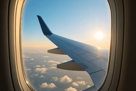 Realistic-view-from-an-airplane-window-during-early-morning-featuring-a-clear-bright-blue-sky-with-scattered-fluffy-white-clouds.-The-airplane-wing-extends-diagonally-across-the-frame-bathed-in-soft-sunlight-casting-a-warm-glow.-The-window-has-a-subtle-reflection-and-the-horizon-is-peaceful-and-clear-with-no-visible-landmarks-emphasizing-the-tranquility-of-a-calm-morning-sky