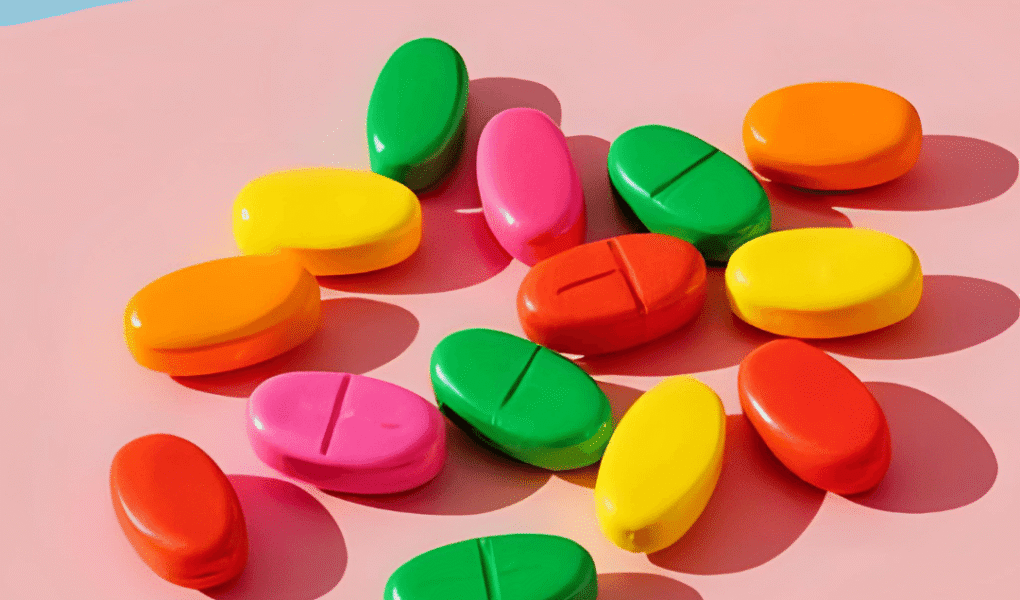 A variety of colorful multivitamin pills scattered on a pastel pink surface, representing the range of vitamins available for daily supplementation.