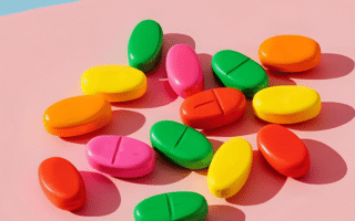 A variety of colorful multivitamin pills scattered on a pastel pink surface, representing the range of vitamins available for daily supplementation.
