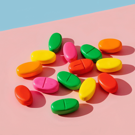 A variety of colorful multivitamin pills scattered on a pastel pink surface, representing the range of vitamins available for daily supplementation.