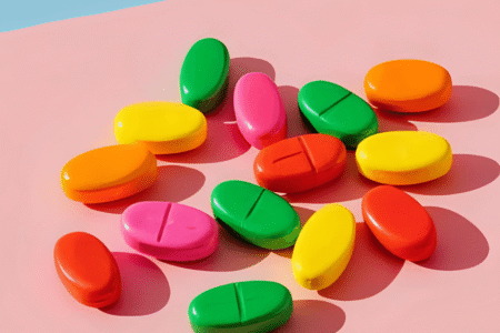 A variety of colorful multivitamin pills scattered on a pastel pink surface, representing the range of vitamins available for daily supplementation.
