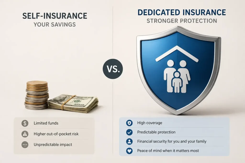 Side-by-side visual comparing a small stack of coins/cash representing self-insurance savings against a larger shield icon representing a dedicated insurance policy, clean editorial infographic style.