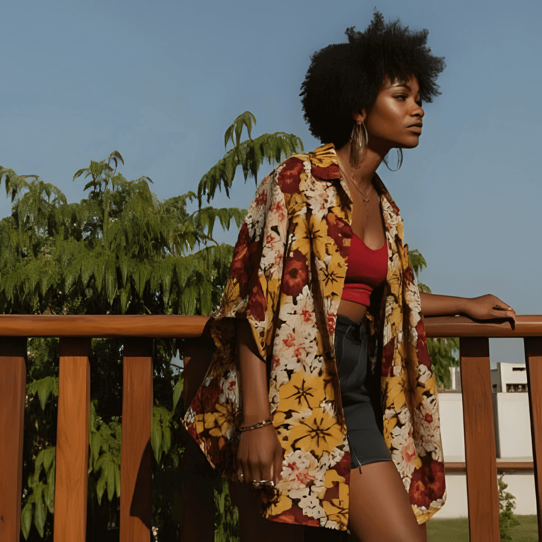 Young-woman-in-floral-shirt-and-red-crop-top-leaning-on-wooden-railing-against-clear-blue-sky-and-green-trees.