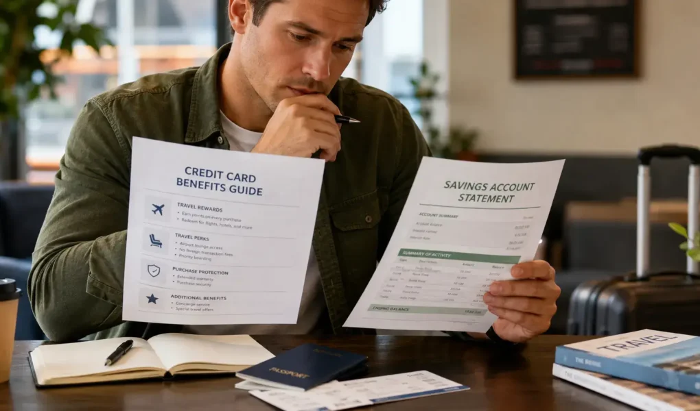 A traveler reviewing a credit card benefits guide alongside a savings account statement at a table, thoughtful and calculating mood, generic setting, no identifiable card brands.yes or no to self-insuring instead of buying travel insurance featured image.