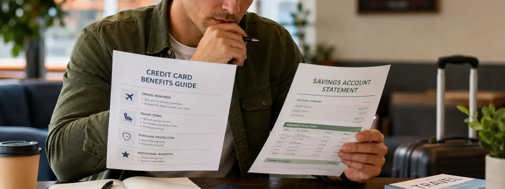 A traveler reviewing a credit card benefits guide alongside a savings account statement at a table, thoughtful and calculating mood, generic setting, no identifiable card brands.yes or no to self-insuring instead of buying travel insurance featured image.