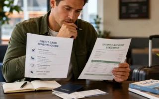 A traveler reviewing a credit card benefits guide alongside a savings account statement at a table, thoughtful and calculating mood, generic setting, no identifiable card brands.yes or no to self-insuring instead of buying travel insurance featured image.