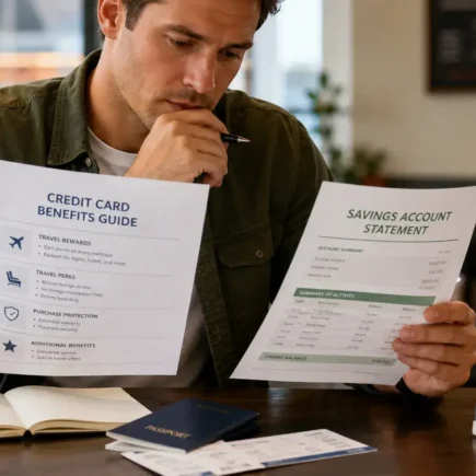 A traveler reviewing a credit card benefits guide alongside a savings account statement at a table, thoughtful and calculating mood, generic setting, no identifiable card brands.yes or no to self-insuring instead of buying travel insurance featured image.