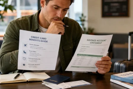 A traveler reviewing a credit card benefits guide alongside a savings account statement at a table, thoughtful and calculating mood, generic setting, no identifiable card brands.yes or no to self-insuring instead of buying travel insurance featured image.