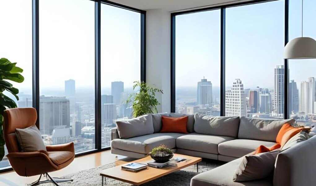 Cozy living room with city skyline. Minimalist Living