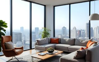 Cozy living room with city skyline. Minimalist Living
