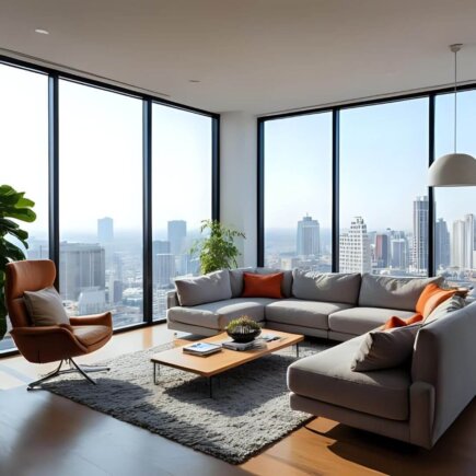 Cozy living room with city skyline. Minimalist Living