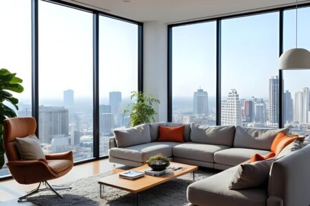 Cozy living room with city skyline. Minimalist Living