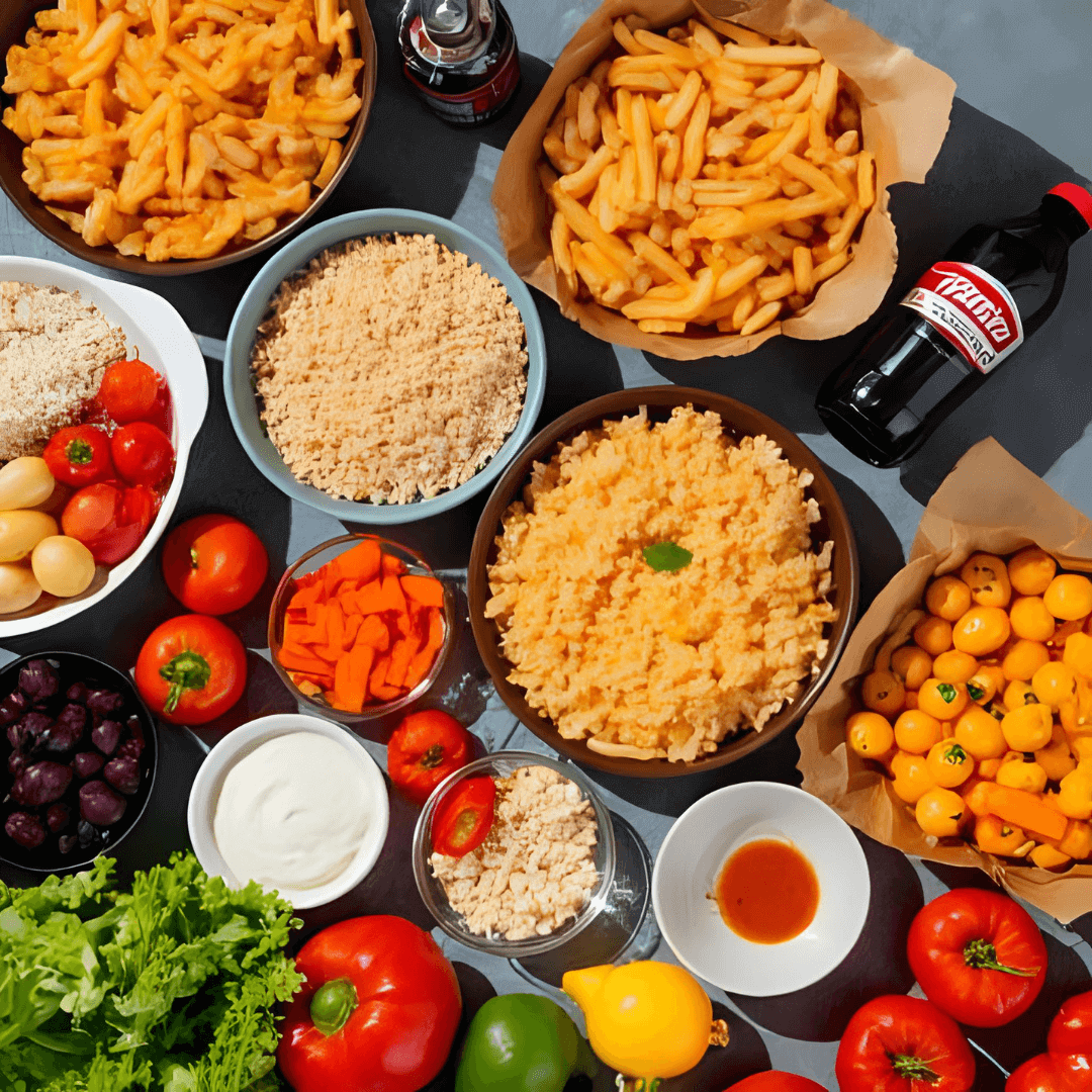 A variety of healthy foods including vegetables, fruits, and grains, emphasizing a balanced diet as an alternative to multivitamin supplements.