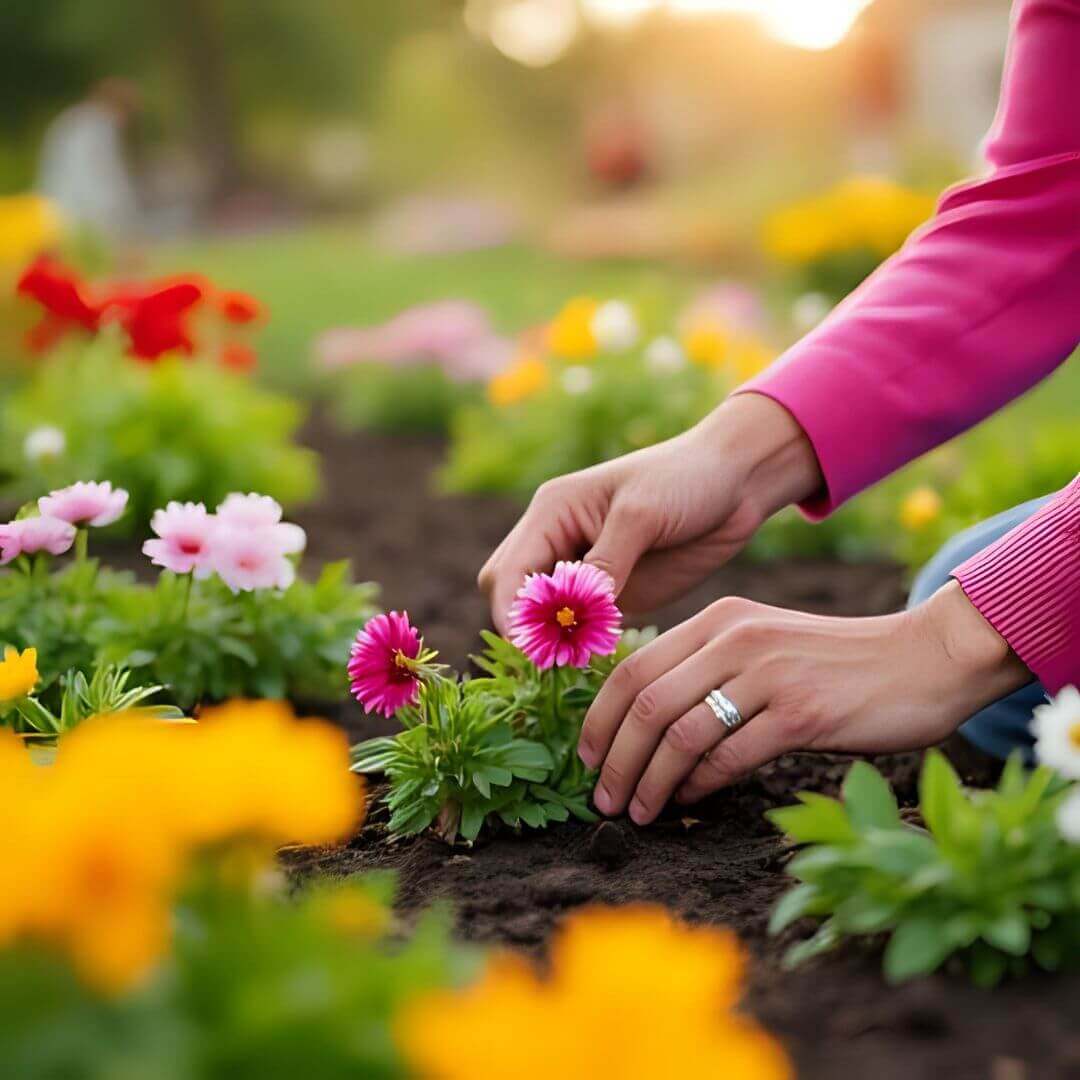 Hands planting flowers in garden soil. Minimalist Living