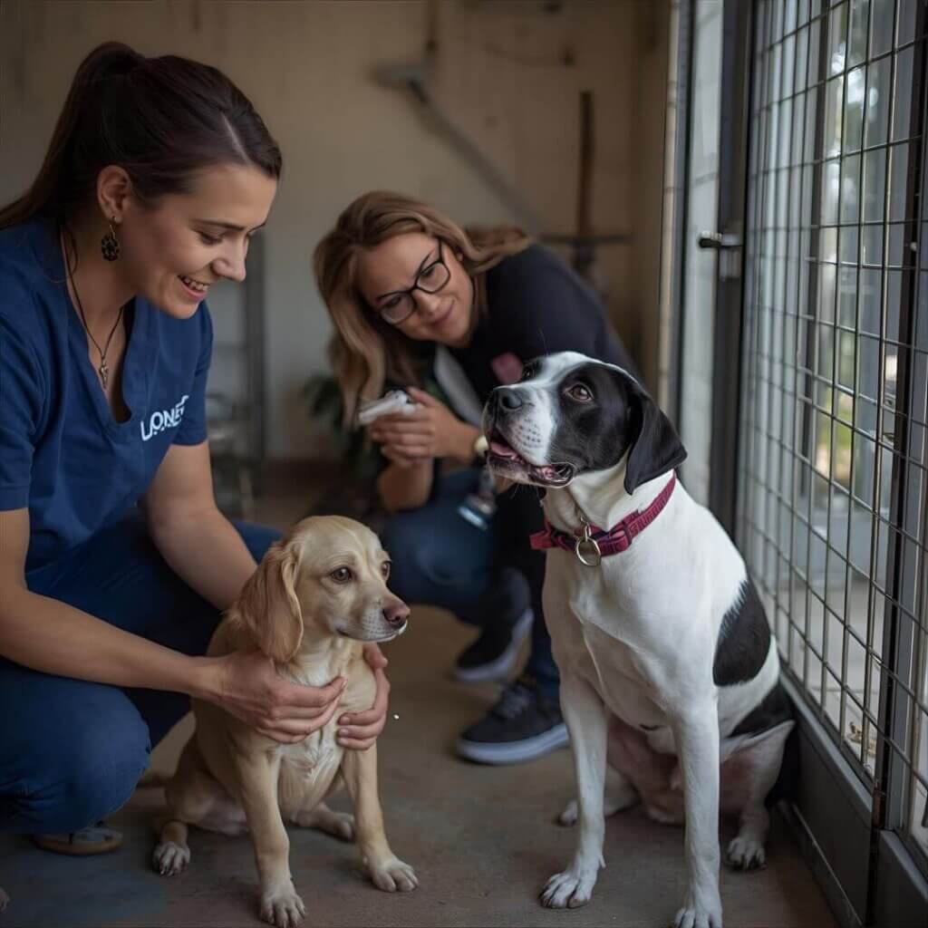 Shelter staff helping with the adoption process of a rescue pet, ensuring pets are ready for their new home.