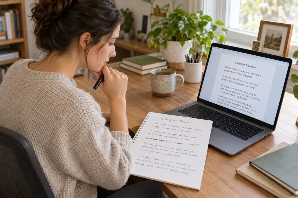 A person at a home desk comparing two versions of the same document side by side, one handwritten and one on a laptop screen, calm and realistic, soft natural light, no identifiable branding.