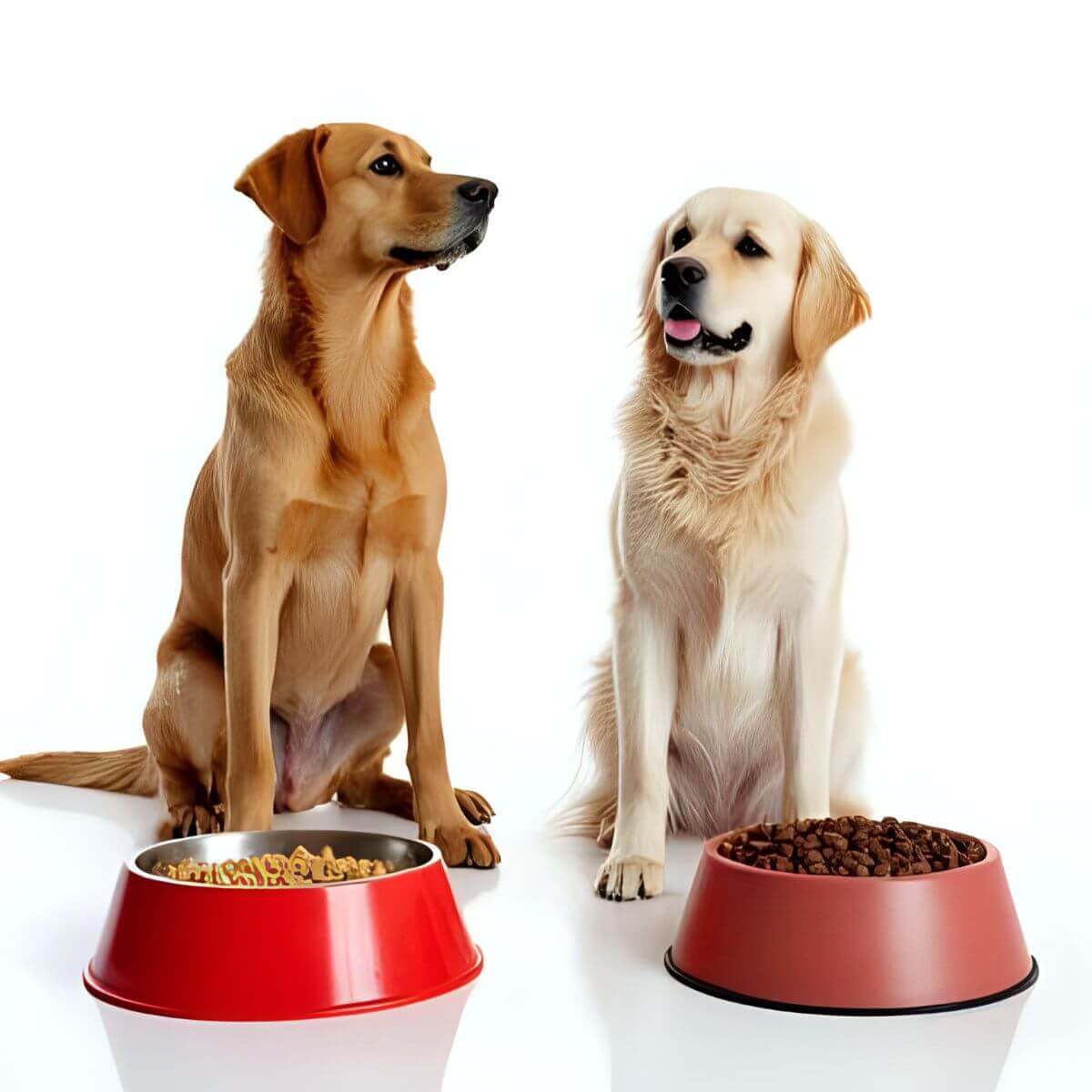 Two dogs sitting beside bowls of kibble, illustrating diet choices in the debate of Yes or No to Raw Diets for Dogs.