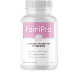 FemiPro supplement bottle for bladder control and hormonal balance with clinically researched ingredients.