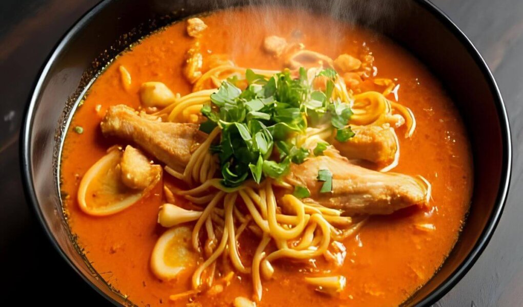 A bowl of fire chicken ramen with steamed noodles, boiled egg, green onions, and chili peppers, offering a spicy and comforting meal.