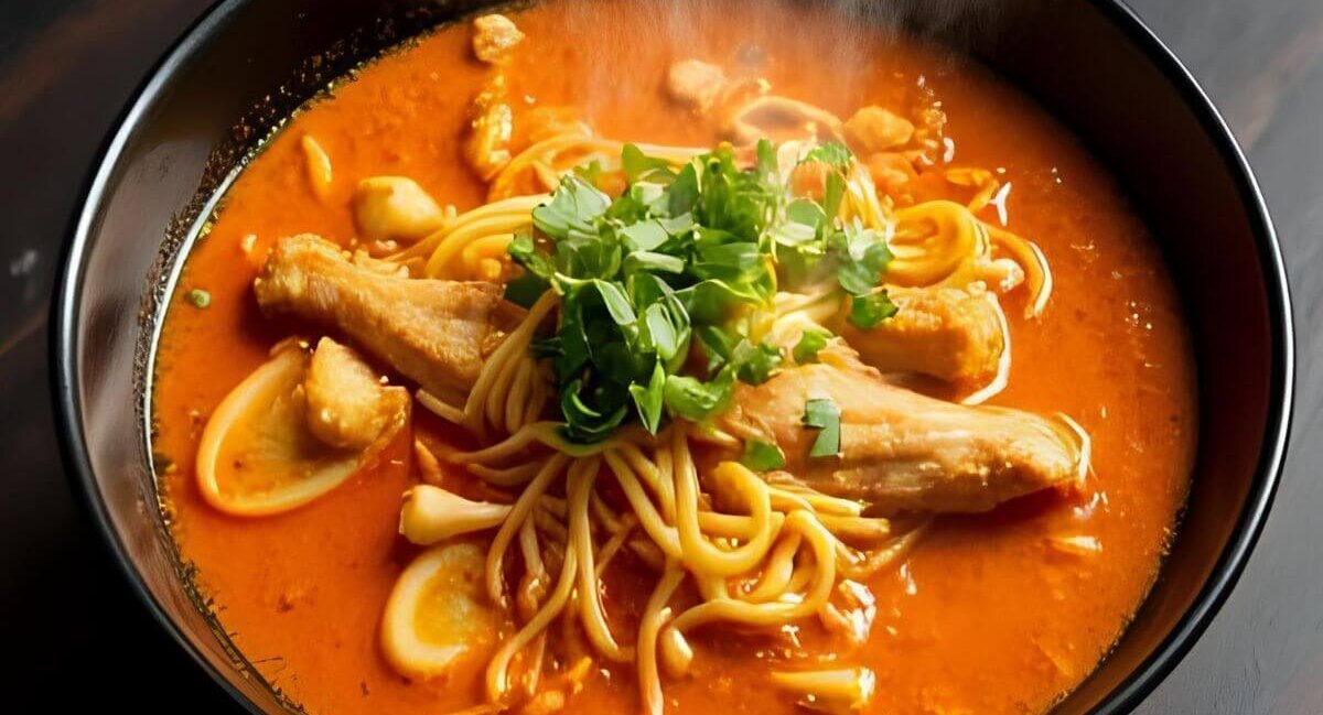 A bowl of fire chicken ramen with steamed noodles, boiled egg, green onions, and chili peppers, offering a spicy and comforting meal.
