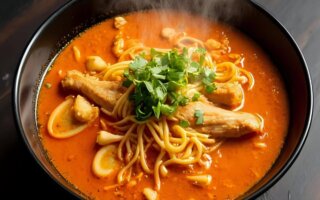 A bowl of fire chicken ramen with steamed noodles, boiled egg, green onions, and chili peppers, offering a spicy and comforting meal.