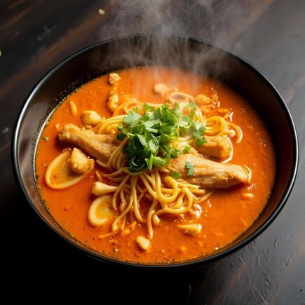 A bowl of fire chicken ramen with steamed noodles, boiled egg, green onions, and chili peppers, offering a spicy and comforting meal.