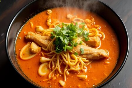A bowl of fire chicken ramen with steamed noodles, boiled egg, green onions, and chili peppers, offering a spicy and comforting meal.