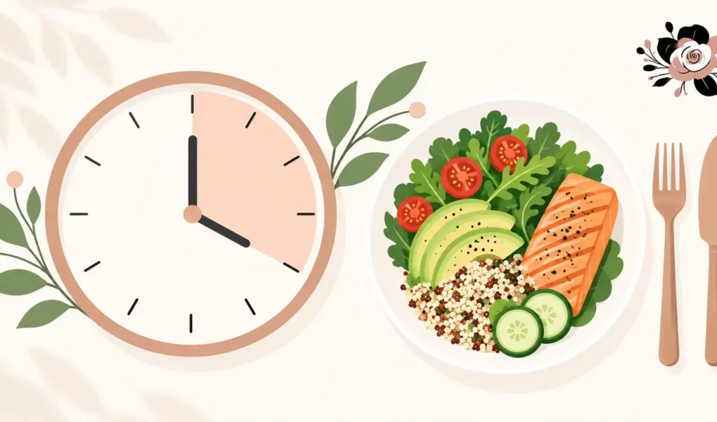 A simple, clean illustration of a clock face next to a plate and utensils, representing an eating window, bright and modern, no identifiable branding-yes or no to intermittent fasting featured image.