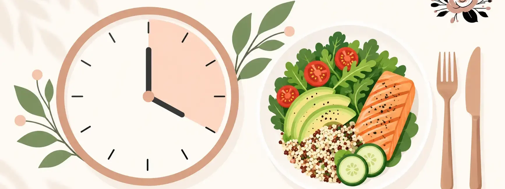 A simple, clean illustration of a clock face next to a plate and utensils, representing an eating window, bright and modern, no identifiable branding-yes or no to intermittent fasting featured image.