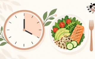 A simple, clean illustration of a clock face next to a plate and utensils, representing an eating window, bright and modern, no identifiable branding-yes or no to intermittent fasting featured image.