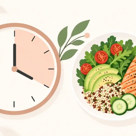 A simple, clean illustration of a clock face next to a plate and utensils, representing an eating window, bright and modern, no identifiable branding-yes or no to intermittent fasting featured image.
