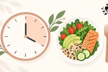 A simple, clean illustration of a clock face next to a plate and utensils, representing an eating window, bright and modern, no identifiable branding-yes or no to intermittent fasting featured image.