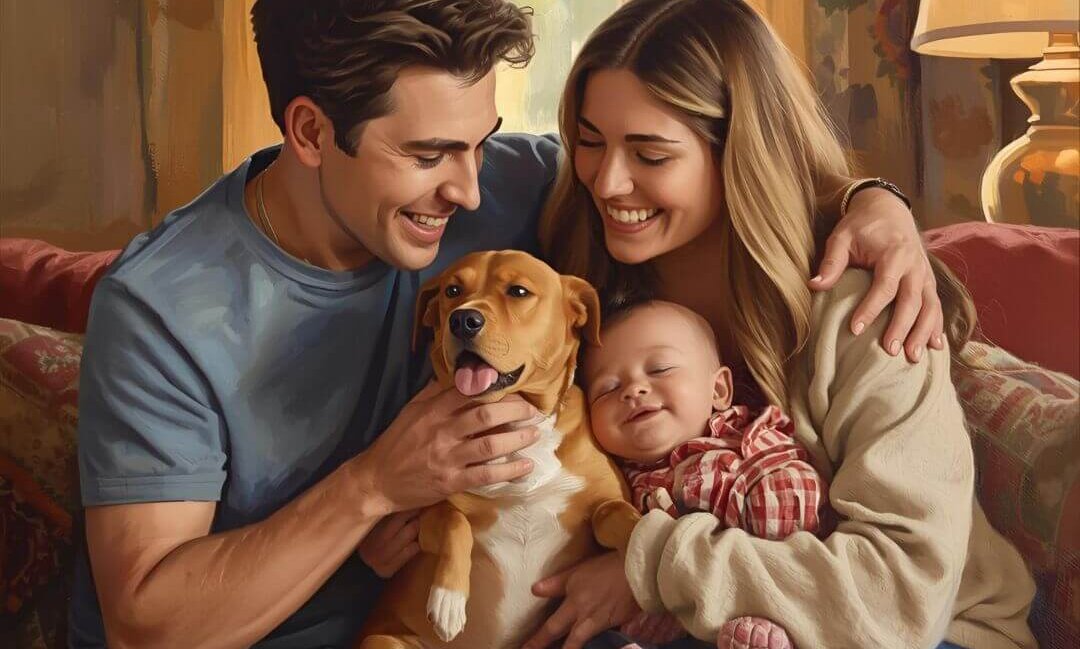 A family with a baby and a dog, symbolizing the joy of adopting a rescue pet and providing a loving home