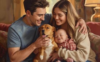 A family with a baby and a dog, symbolizing the joy of adopting a rescue pet and providing a loving home