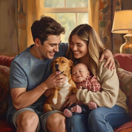 A family with a baby and a dog, symbolizing the joy of adopting a rescue pet and providing a loving home