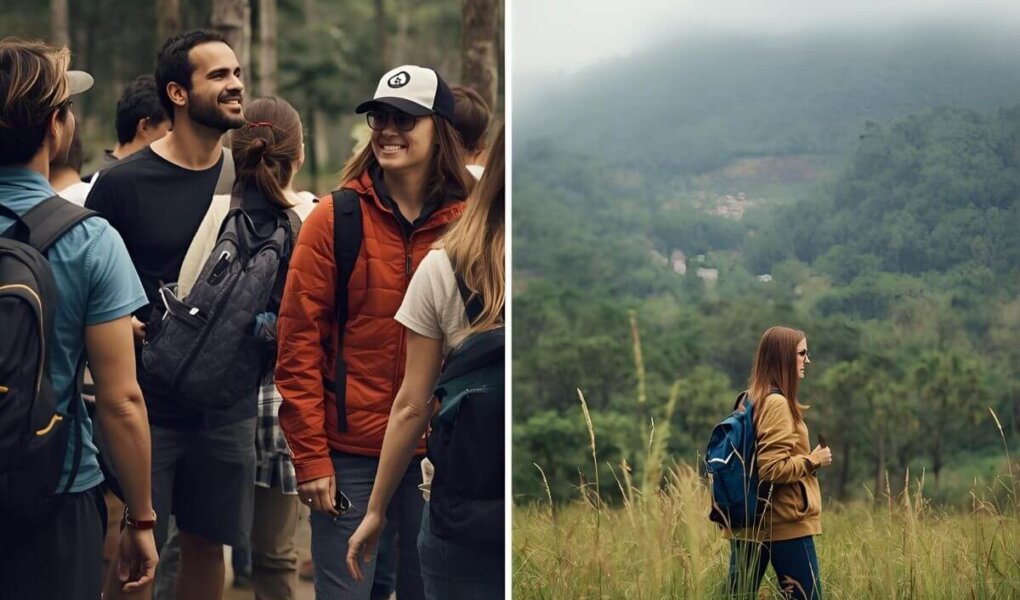 A group of travelers enjoys a hiking adventure, capturing the social energy of traveling with a group better than solo travel.