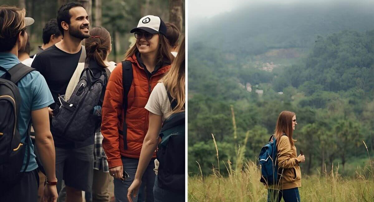 A group of travelers enjoys a hiking adventure, capturing the social energy of traveling with a group better than solo travel.