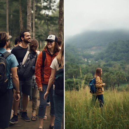 A group of travelers enjoys a hiking adventure, capturing the social energy of traveling with a group better than solo travel.