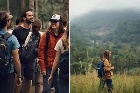 A group of travelers enjoys a hiking adventure, capturing the social energy of traveling with a group better than solo travel.