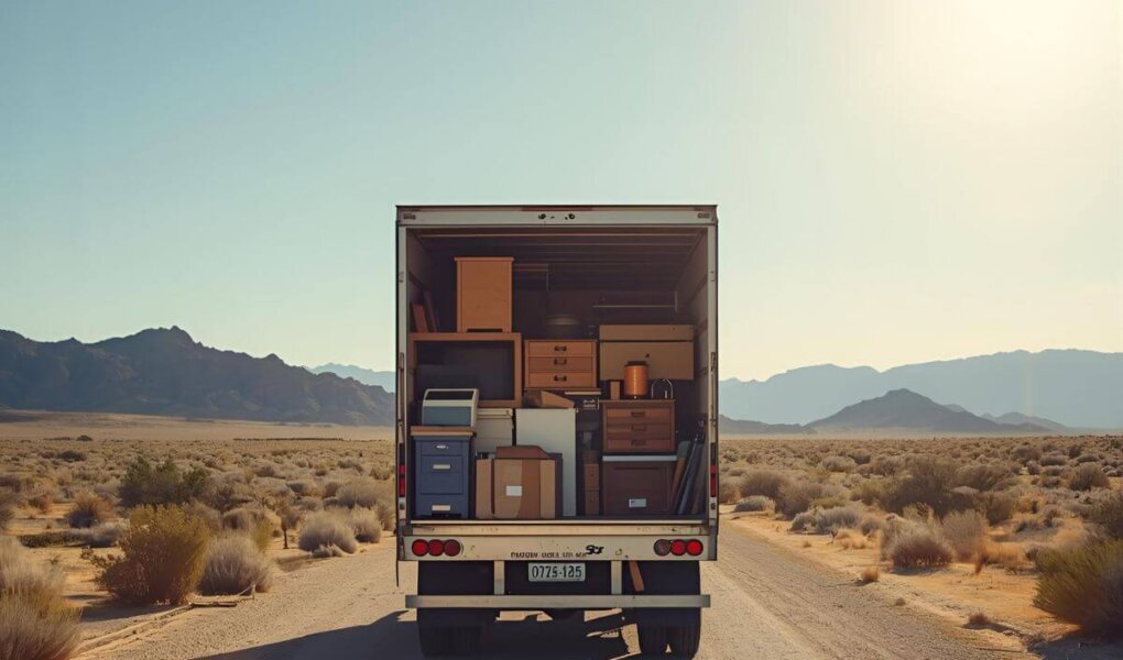 A moving truck loaded with boxes travels along a desert road, representing the journey of Moving to a New City for a Fresh Start.