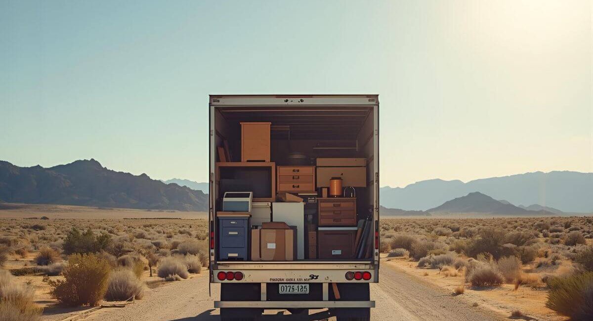 A moving truck loaded with boxes travels along a desert road, representing the journey of Moving to a New City for a Fresh Start.