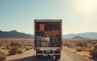A moving truck loaded with boxes travels along a desert road, representing the journey of Moving to a New City for a Fresh Start.