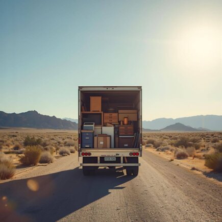 A moving truck loaded with boxes travels along a desert road, representing the journey of Moving to a New City for a Fresh Start.