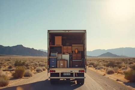 A moving truck loaded with boxes travels along a desert road, representing the journey of Moving to a New City for a Fresh Start.