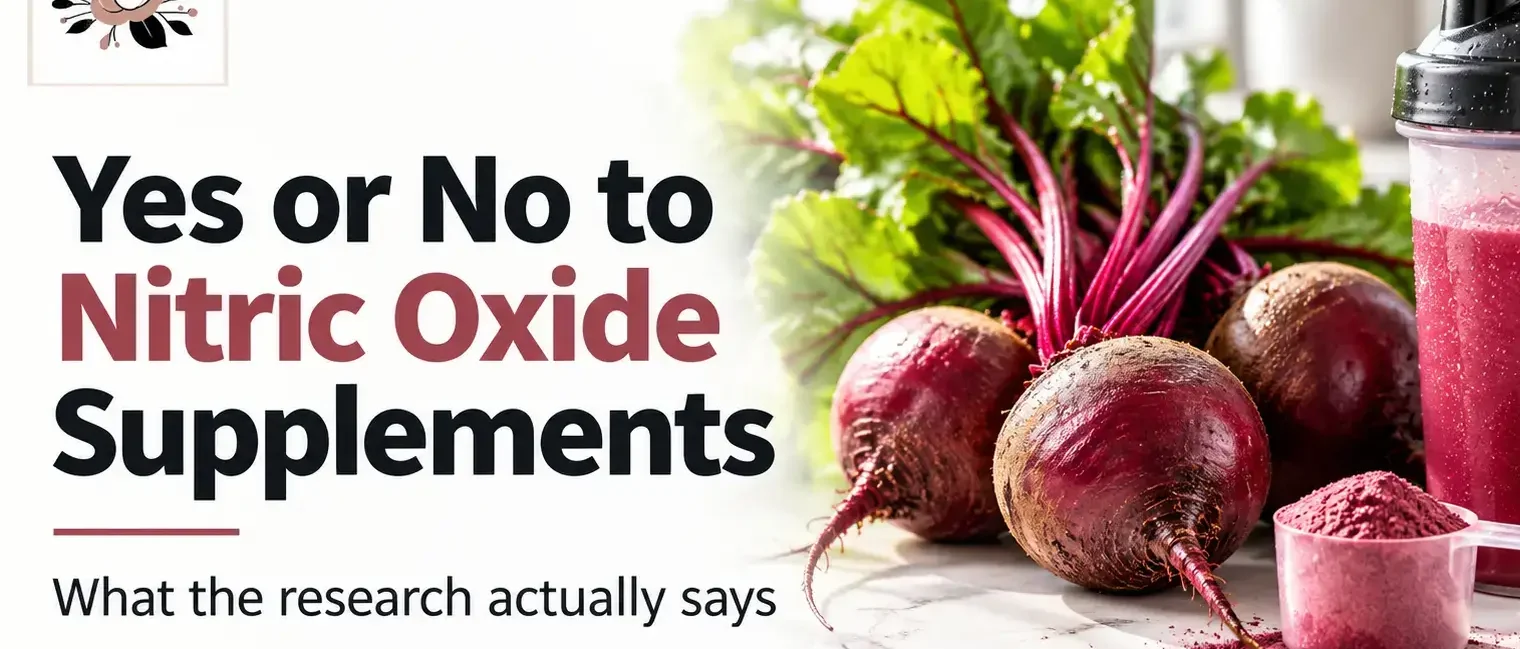 Yes or No to Nitric Oxide Supplements featuring fresh beetroot, leafy greens, pre-workout powder, and a shaker bottle.