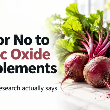 Yes or No to Nitric Oxide Supplements featuring fresh beetroot, leafy greens, pre-workout powder, and a shaker bottle.